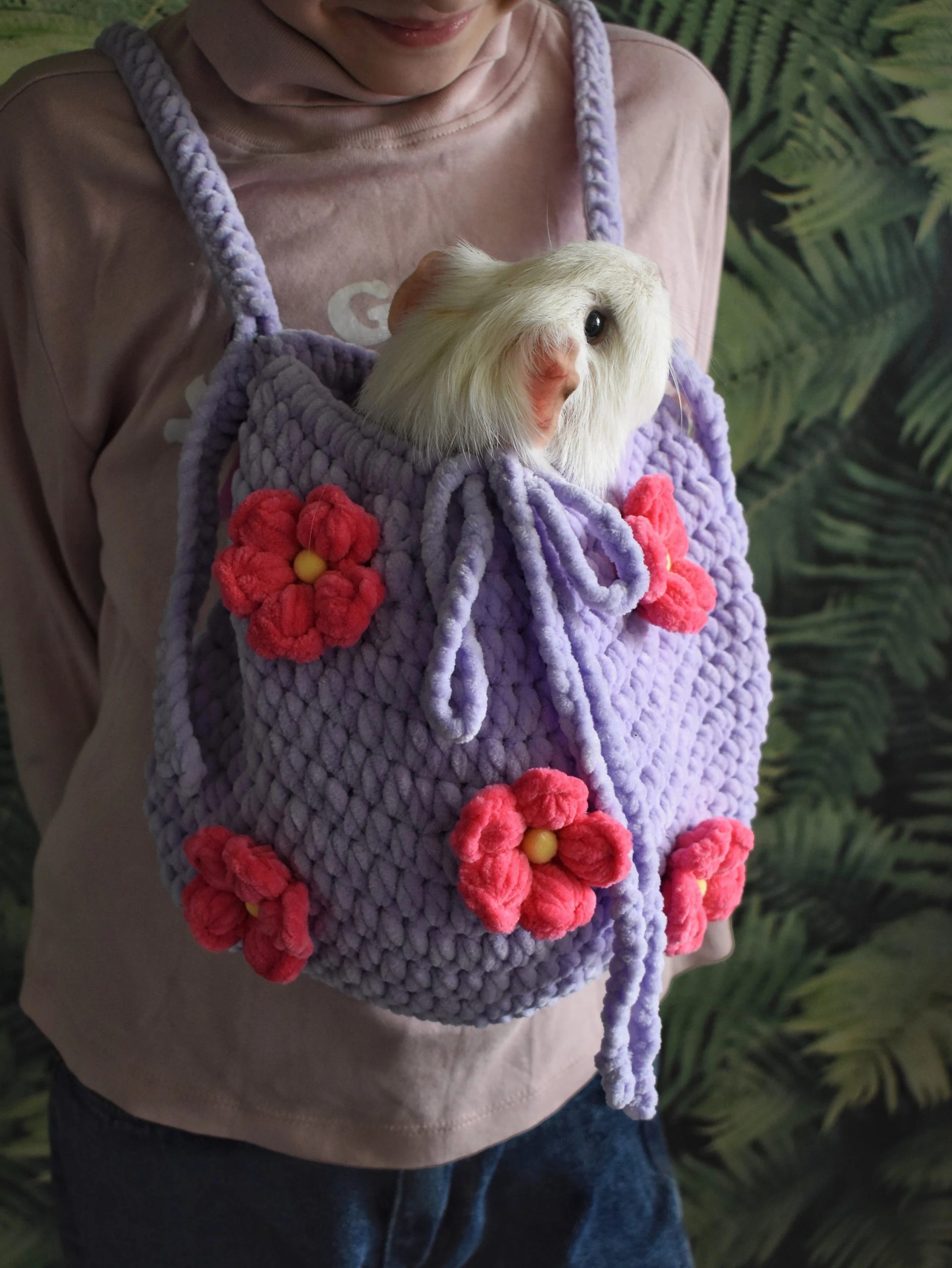 Purple Flower Knitted Pet Bag - Image 5