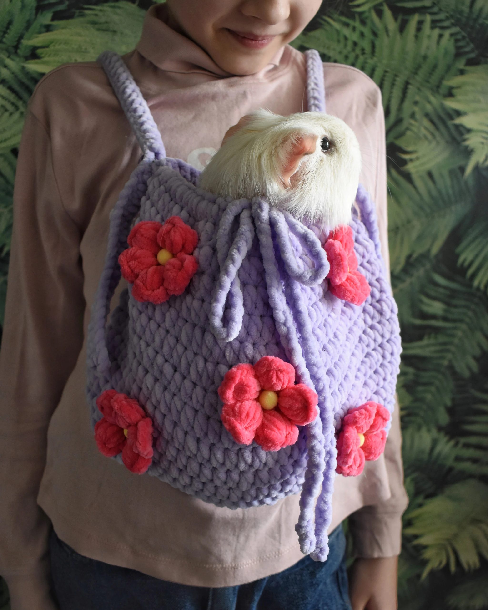 Purple Flower Knitted Pet Bag - Image 3