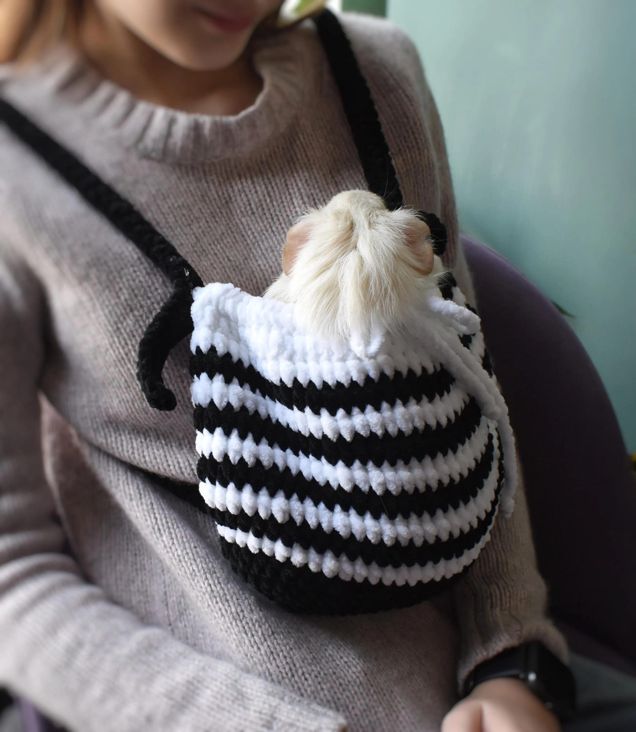 Minimalist black and white striped knitted pet bag - Image 6