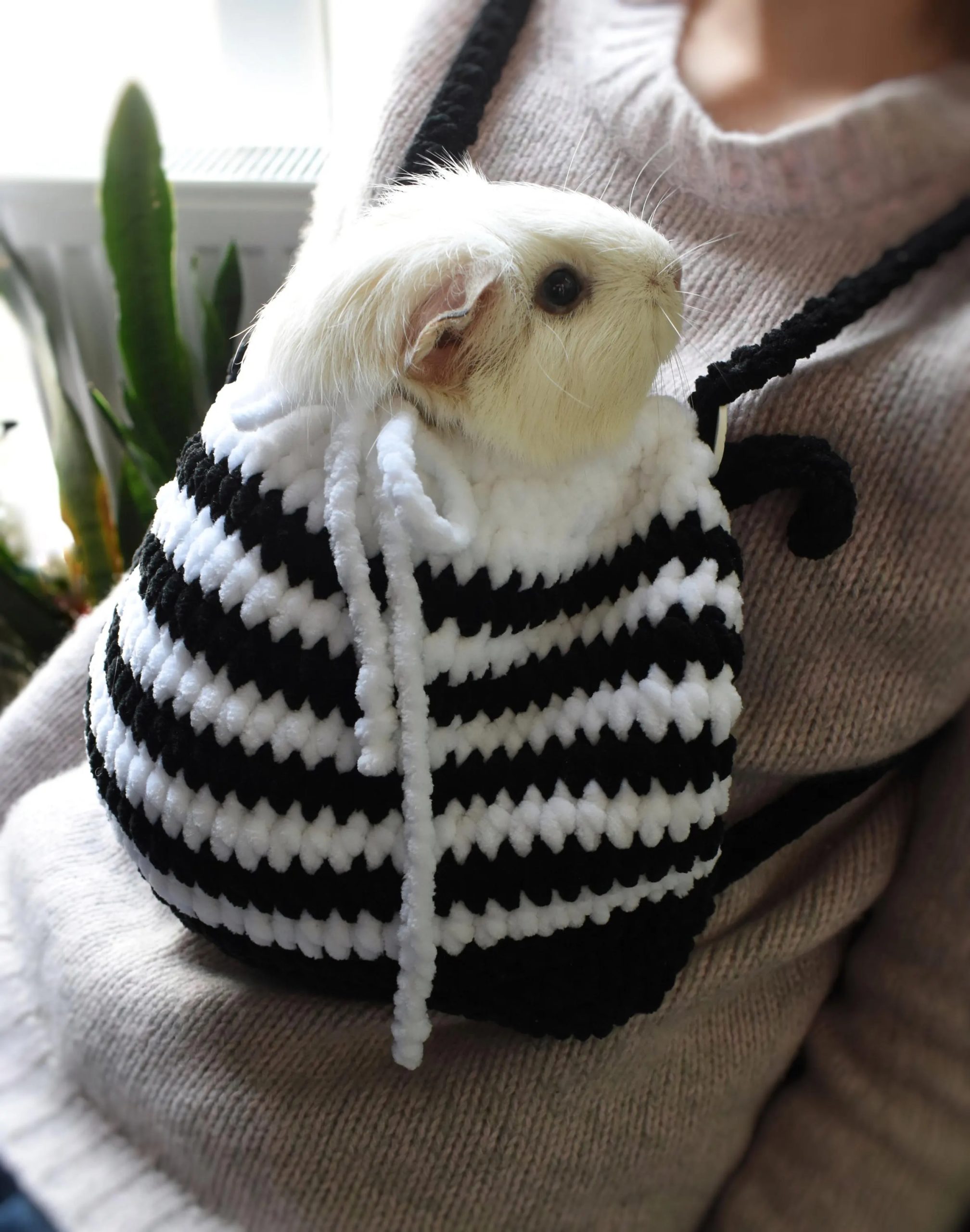 Minimalist black and white striped knitted pet bag - Image 4