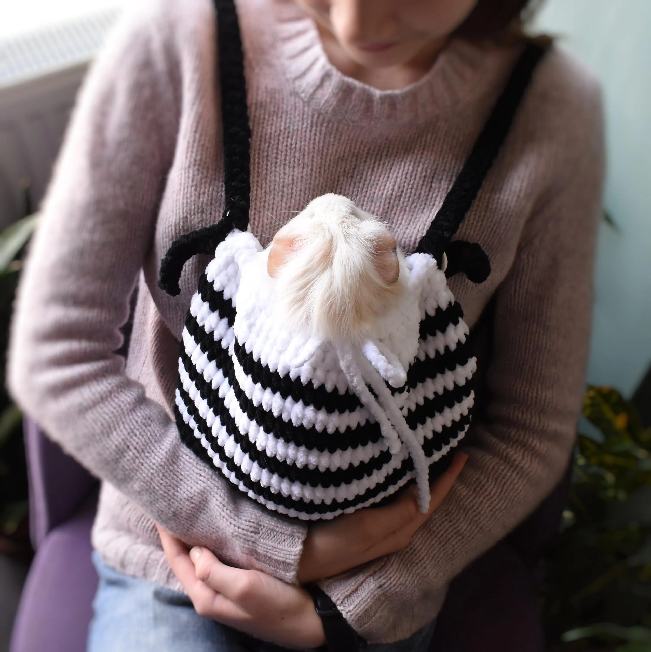 Minimalist black and white striped knitted pet bag - Image 3